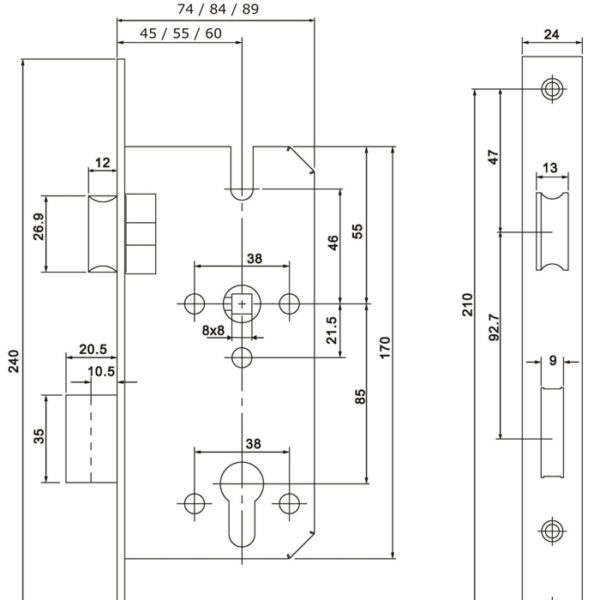 85mm Centre DIN Quality Mortise Lock